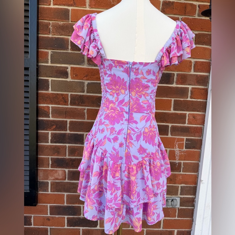 Floral Ruffle Mini Sundress in Lavender and Pink With Neck Scarf Or Waist Belt - Picture 3 of 4